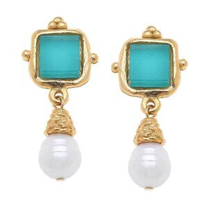 Radiant! Susan Shaw Charlotte Riviera Teal French Glass & Pearl Drop Earrings